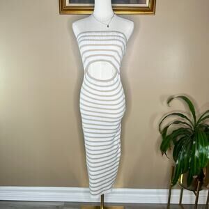 Strapless Knitted Striped Cutout Midi Bodycon Sun Dress Size L